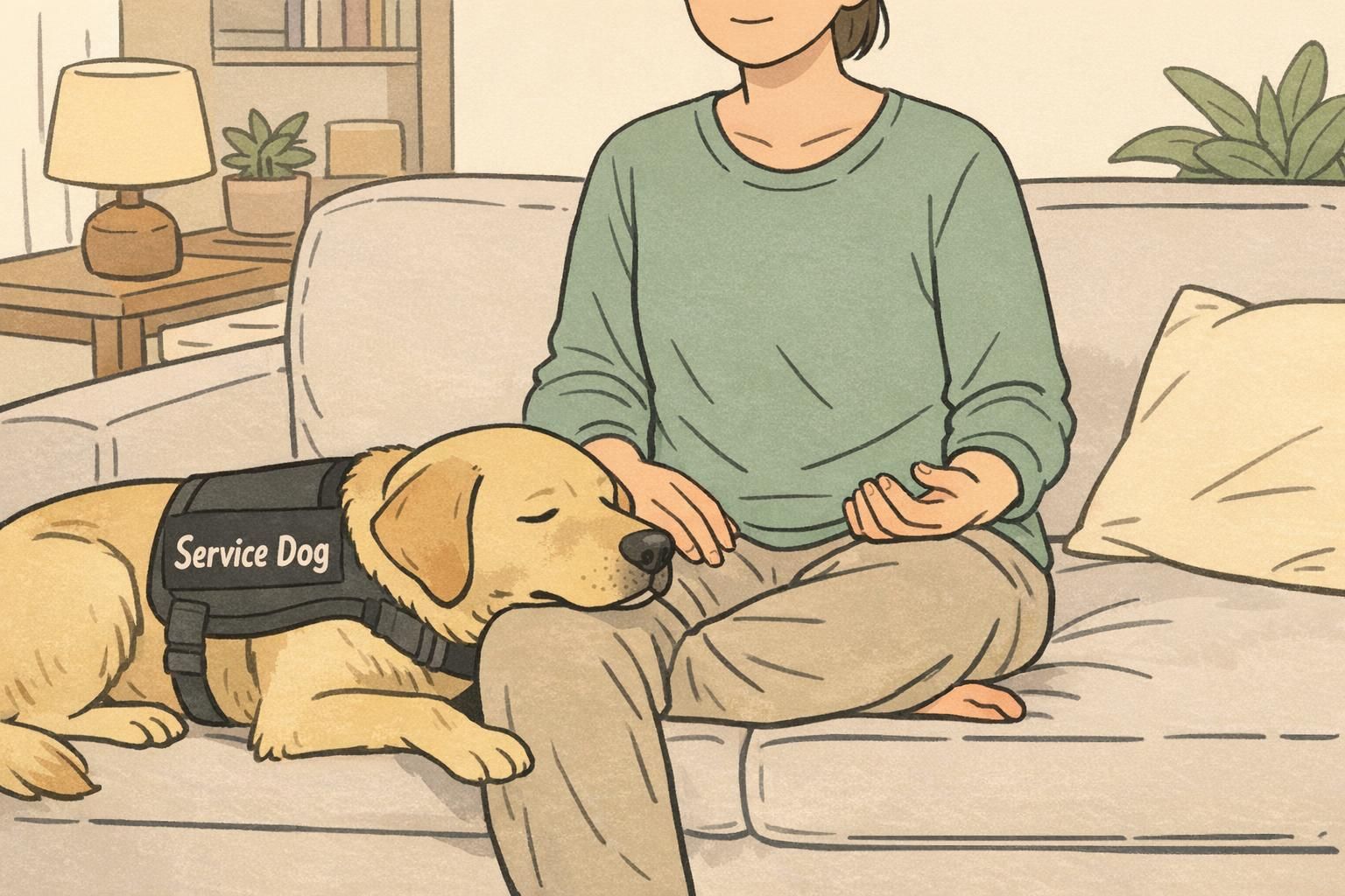 In a calm living room, a person practices a grounding routine while their service dog rests its head on the person’s knee to provide comforting, steady support.