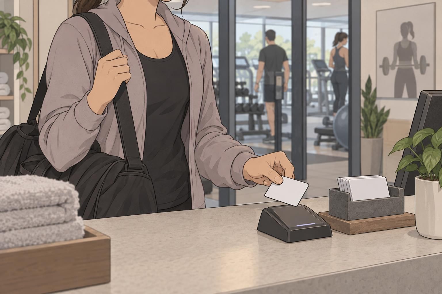 A person places a blank gym access card beside a card holder and entrance scanner.