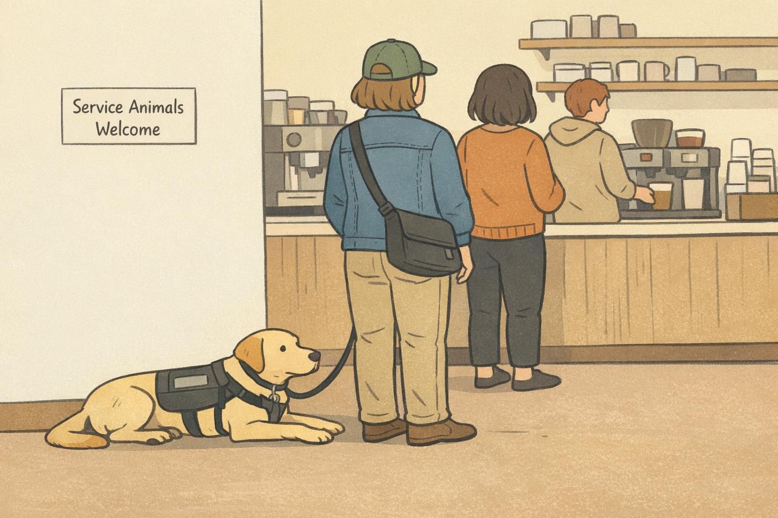 A handler stands in a coffee shop queue with their service dog calmly in a down-stay beside them, demonstrating reliable public access behavior.