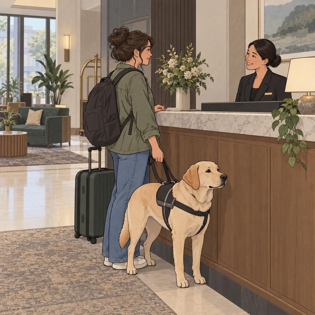 A hotel receptionist welcomes a traveler checking in with a calm service dog beside them.