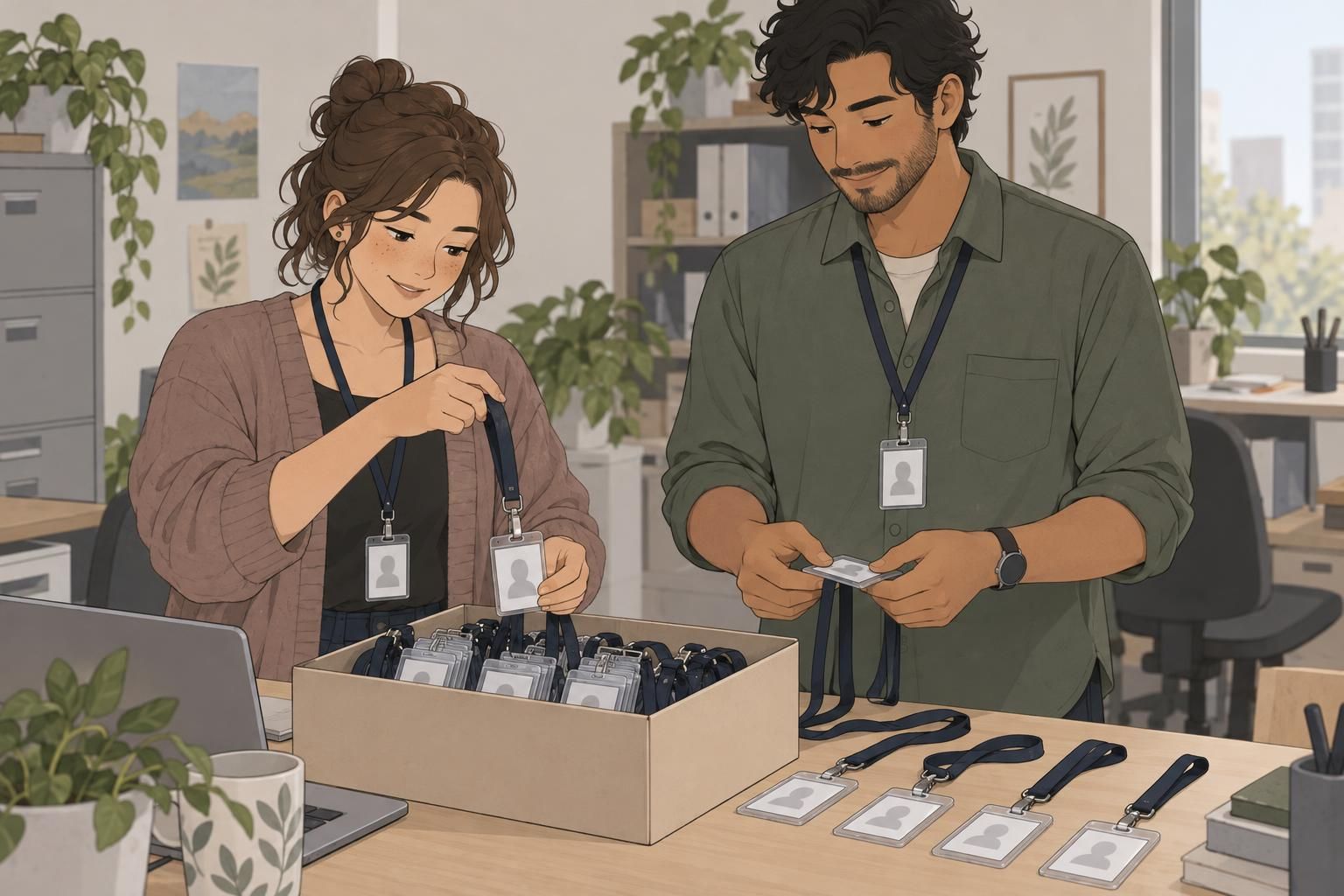 Two coworkers organize finished employee ID badges in clear holders attached to separate lanyards.