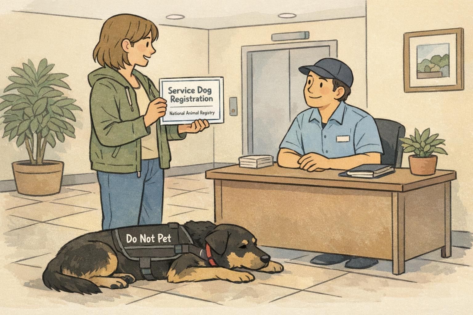 A handler presents a registration certificate to building staff in an apartment lobby as their service dog lies calmly at their feet, illustrating housing verification interactions.