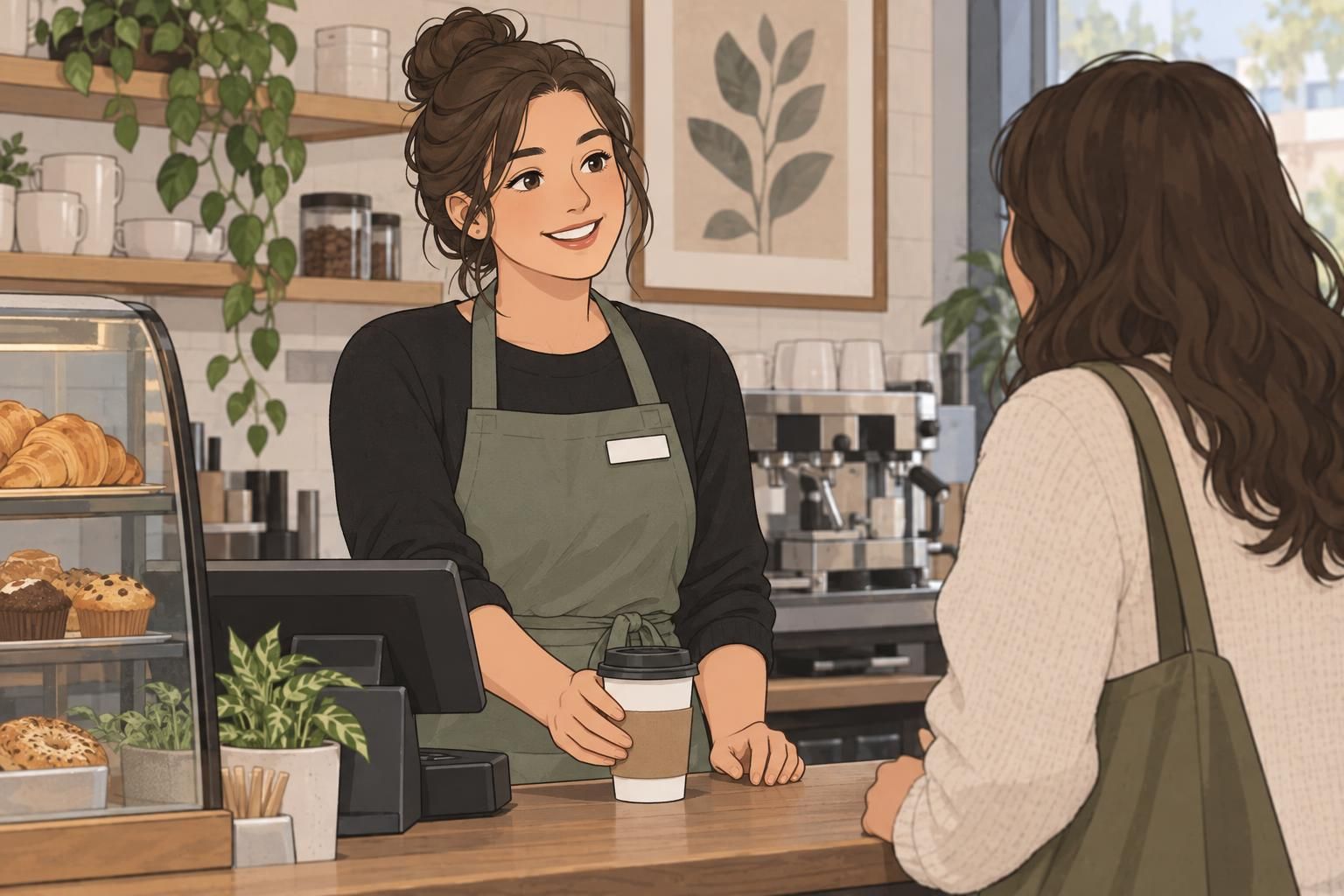 A hospitality employee greets a customer while wearing a blank name tag on the upper chest.