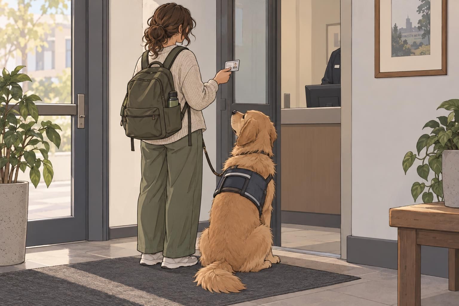 A handler holds a service dog identification card beside an attentive dog in a quiet entryway.