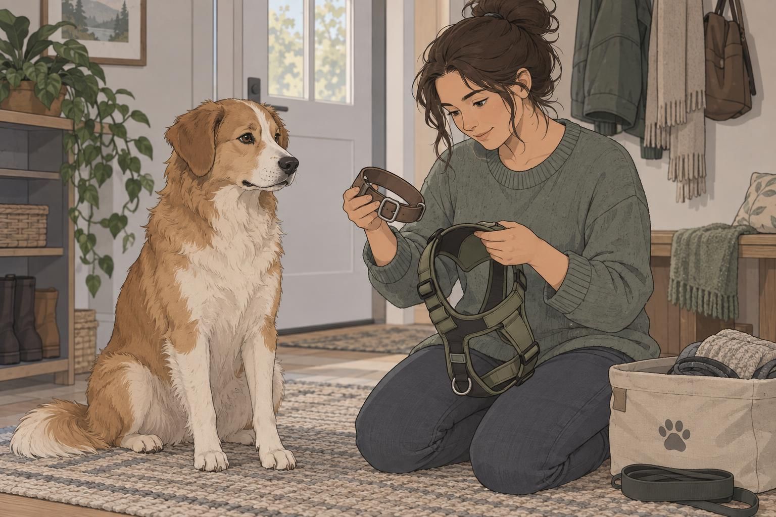 A handler checks the smooth inner surfaces of a dog collar and harness for comfortable, skin-friendly contact.