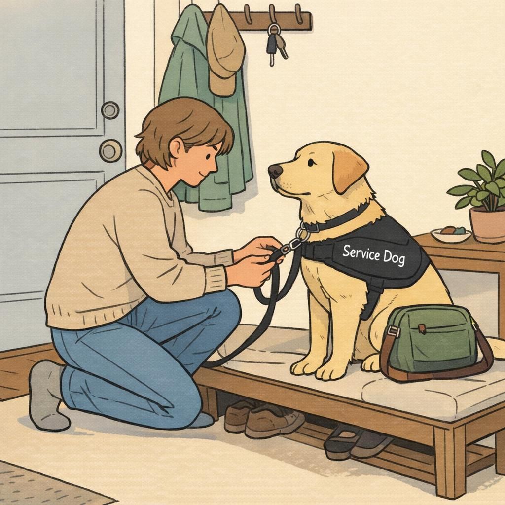 A handler in a tidy apartment clips a leash onto a calm, working dog wearing a vest, illustrating the quiet routine of preparing for an outing with an assistance dog.
