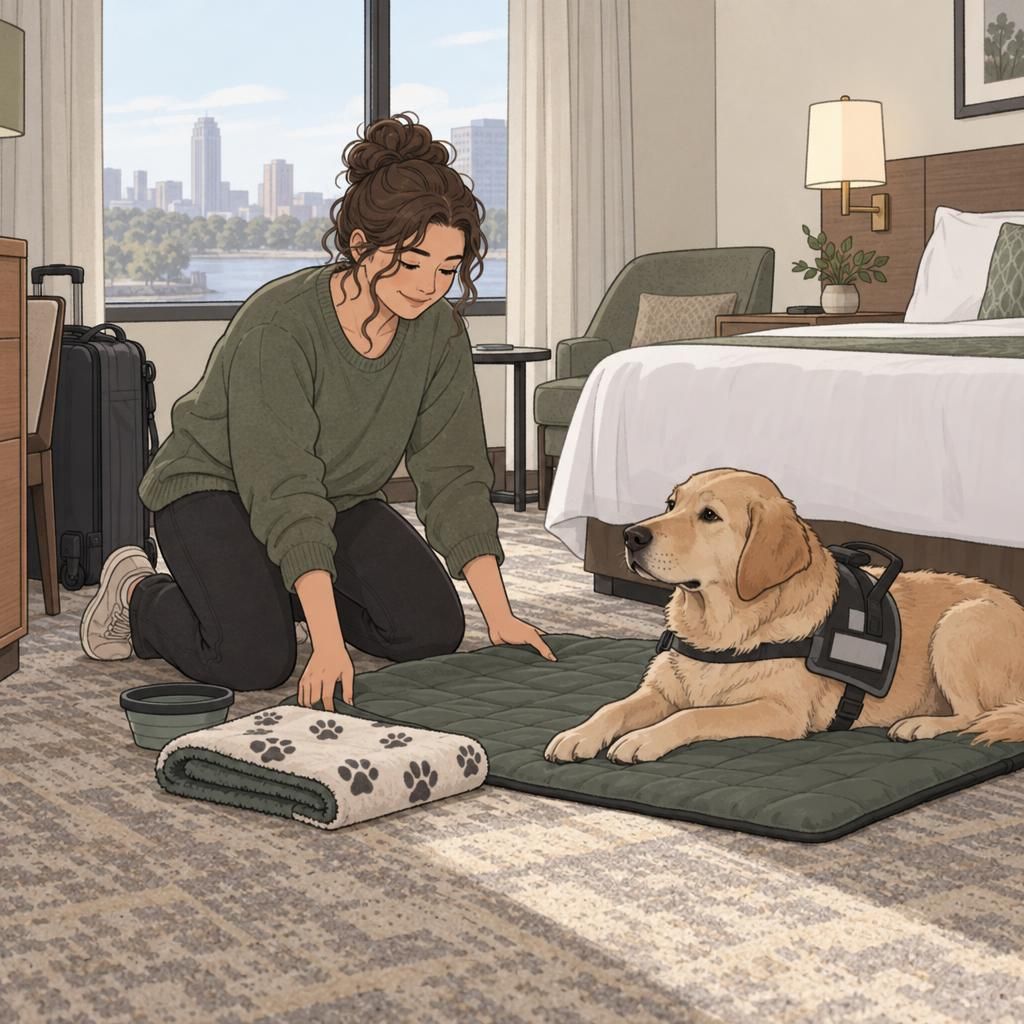 A service dog rests beside a portable mat and folded blanket as its handler prepares a tidy hotel room.