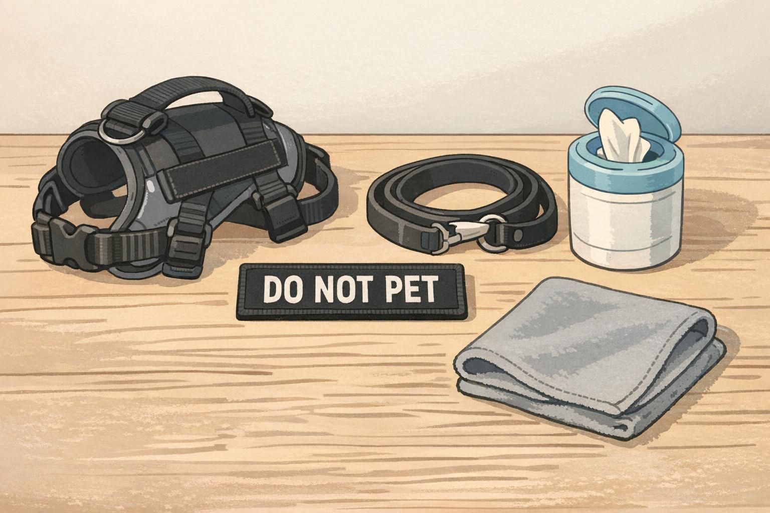 Close-up of washable service-dog accessories on a table: a waterproof harness, a smooth leash, a microfiber cloth, a small container of wipes, and a compact high-contrast work patch.