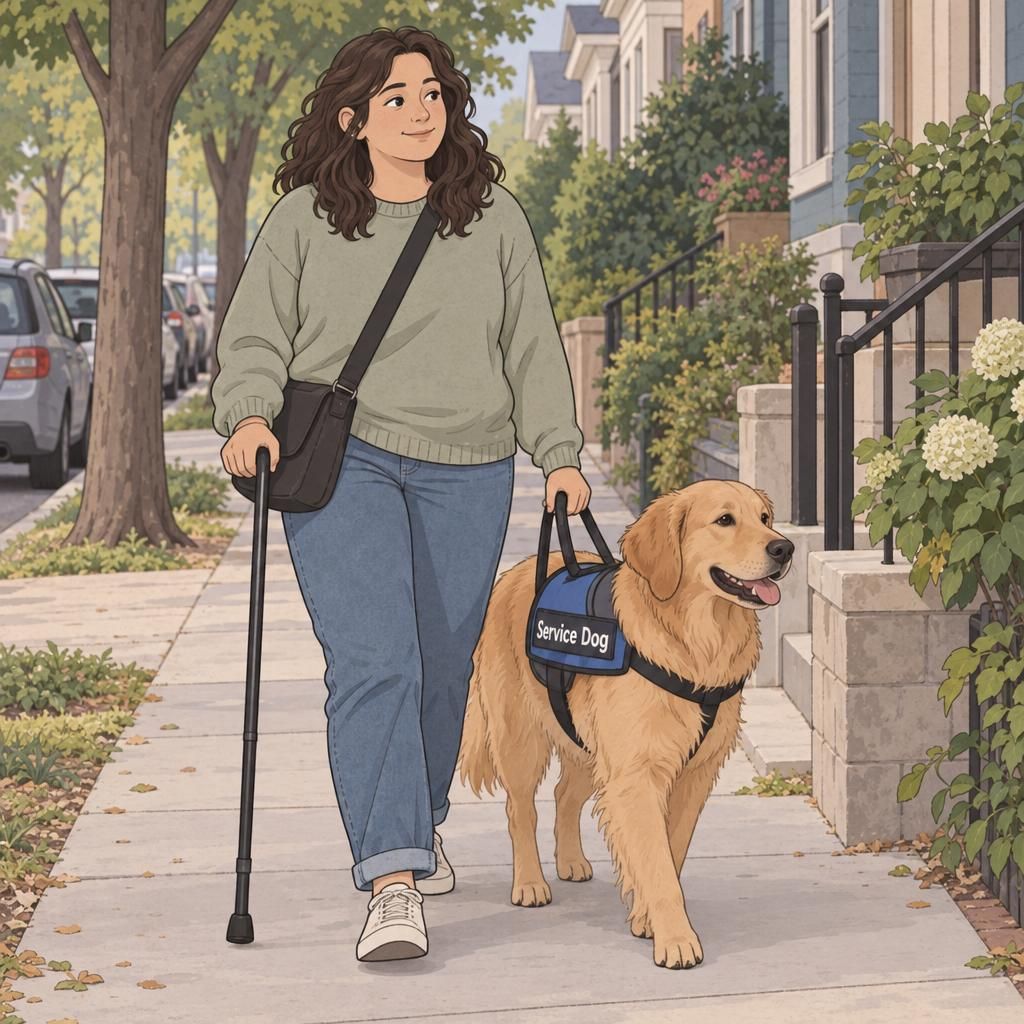 An adult walks along a neighborhood sidewalk beside an assistance dog wearing a service dog vest.