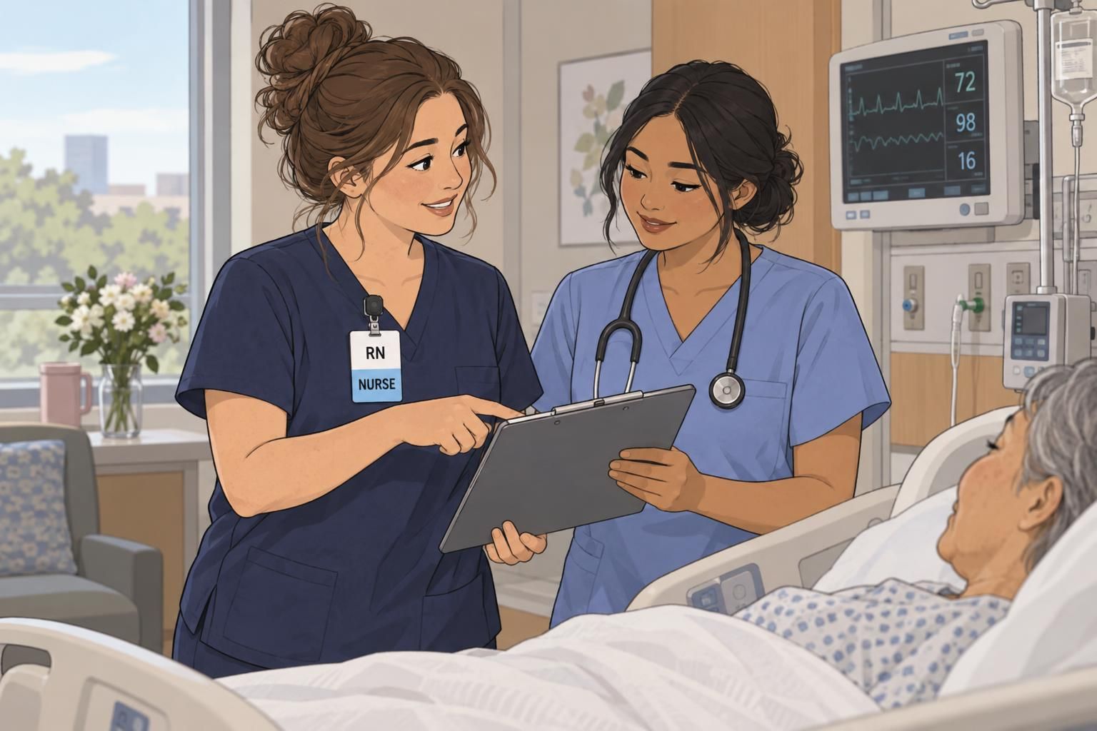 Two nurses review care at a bedside during handoff, with readable RN and NURSE badge labels clarifying hospital badge roles.