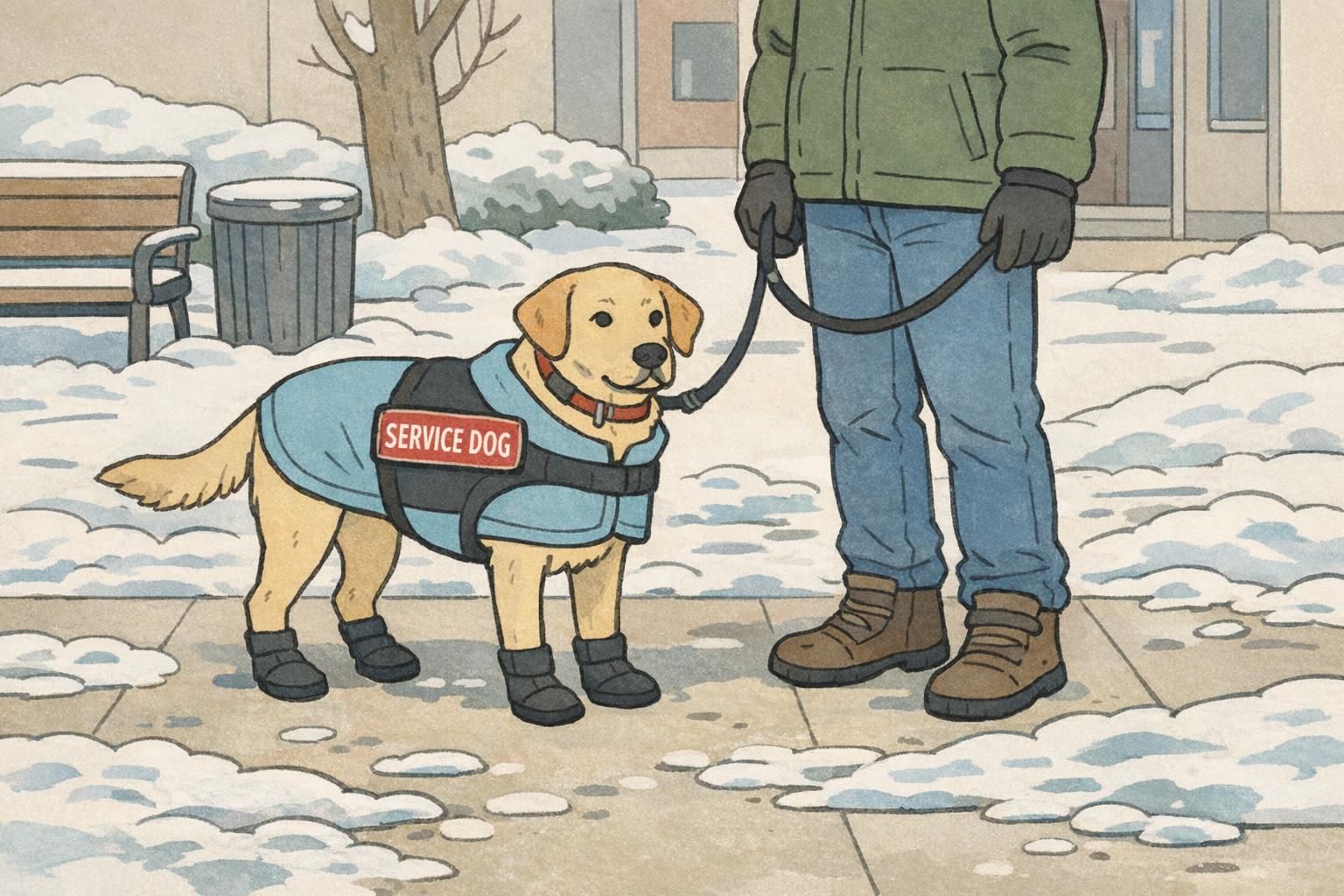 A service dog stands calmly beside its handler on a winter sidewalk wearing simple protective boots and a light coat for warmth and traction.