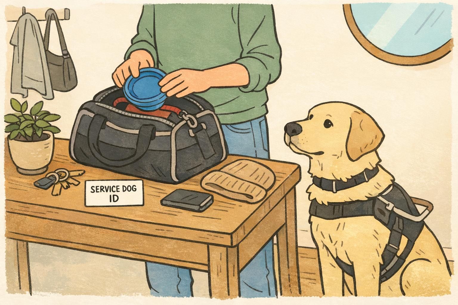 A tidy entryway as a handler packs a small travel bag with a collapsible bowl and leash, a laminated identification card and essentials laid out on the table.