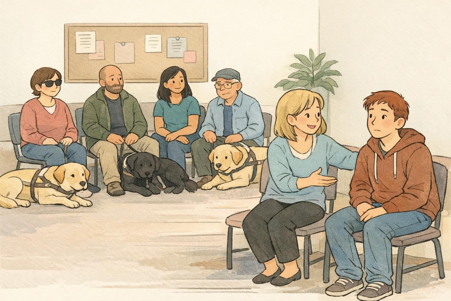 A community support meeting of guide dog handlers seated in a circle with their dogs resting beside them while one newcomer receives a gentle welcome gesture.
