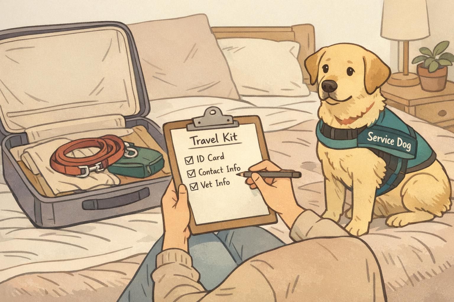 Travel preparation on a bed with an open suitcase containing a leash and pouch as the handler checks a travel kit checklist while the service dog waits nearby.