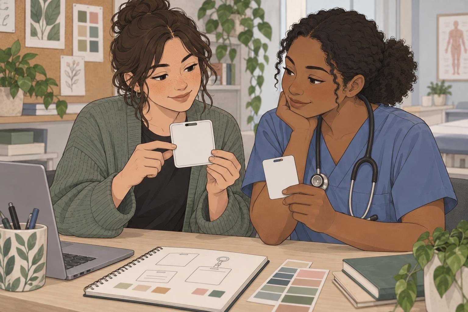 Designer and healthcare staff member reviewing blank badge buddy and official ID card mockups on a desk.