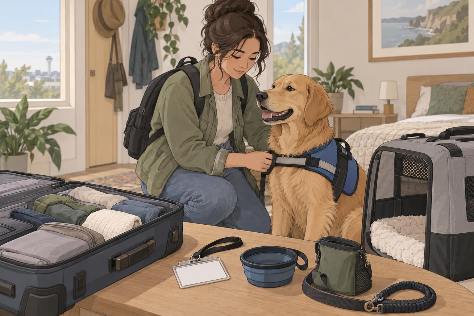 A handler prepares for travel with a service dog, packed suitcase, carrier, and identification card.