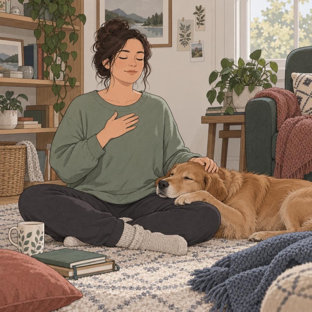 An adult practices a grounding task at home as their dog stays close and provides gentle tactile contact.