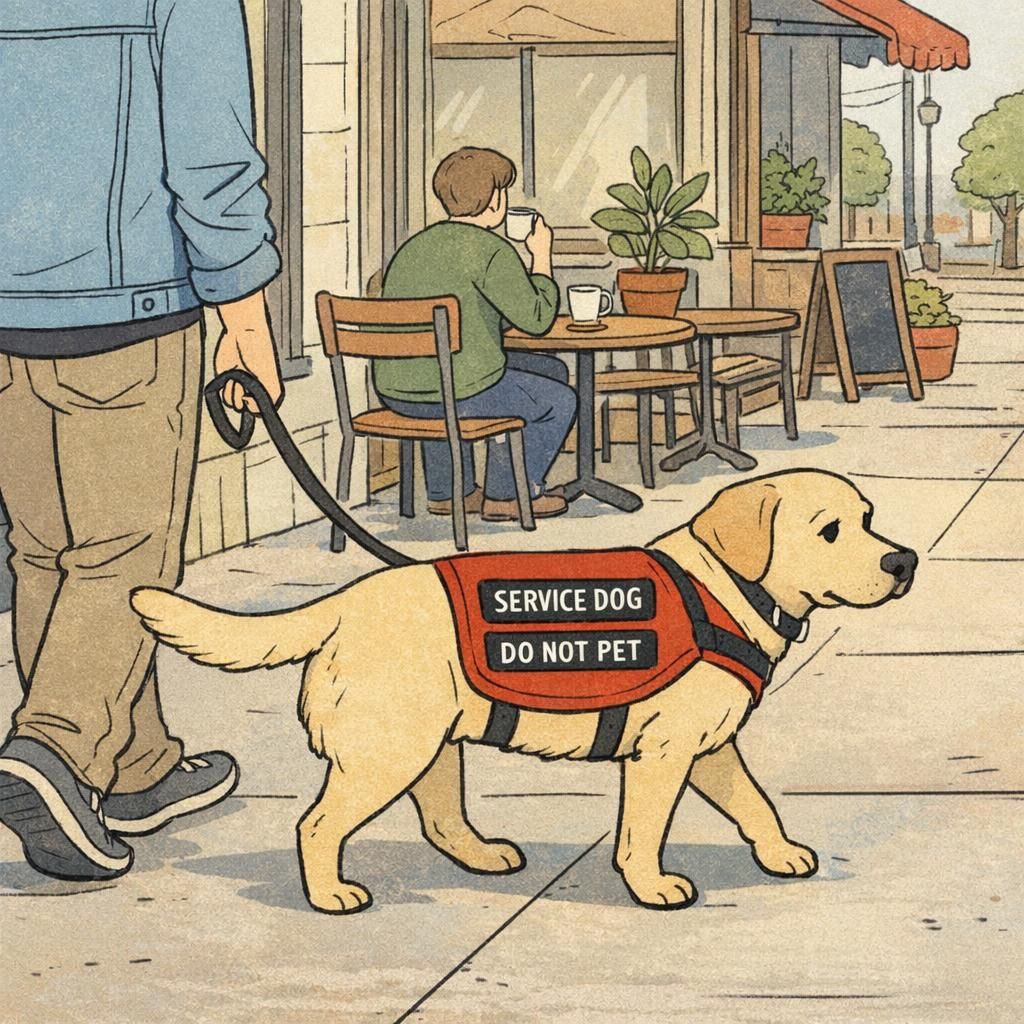 A service dog walks beside an adult handler on a quiet sidewalk outside a neighborhood cafe while wearing a fitted red vest with clear working-status patches for visibility.