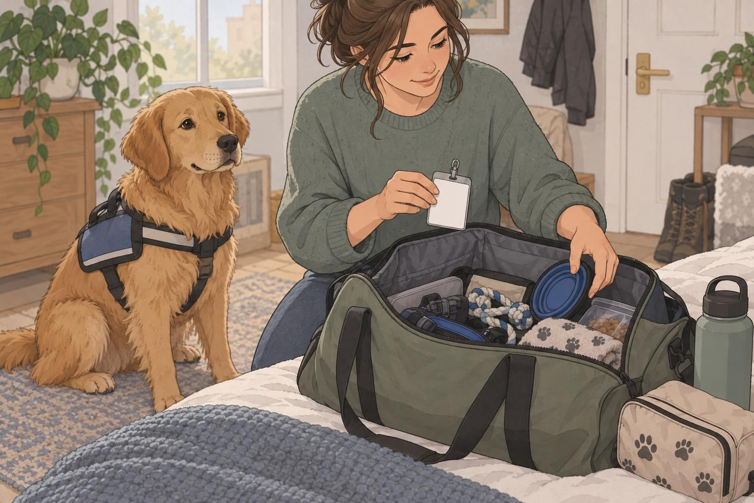 A handler packs a blank service dog ID card and dog supplies into a travel bag as the dog waits.