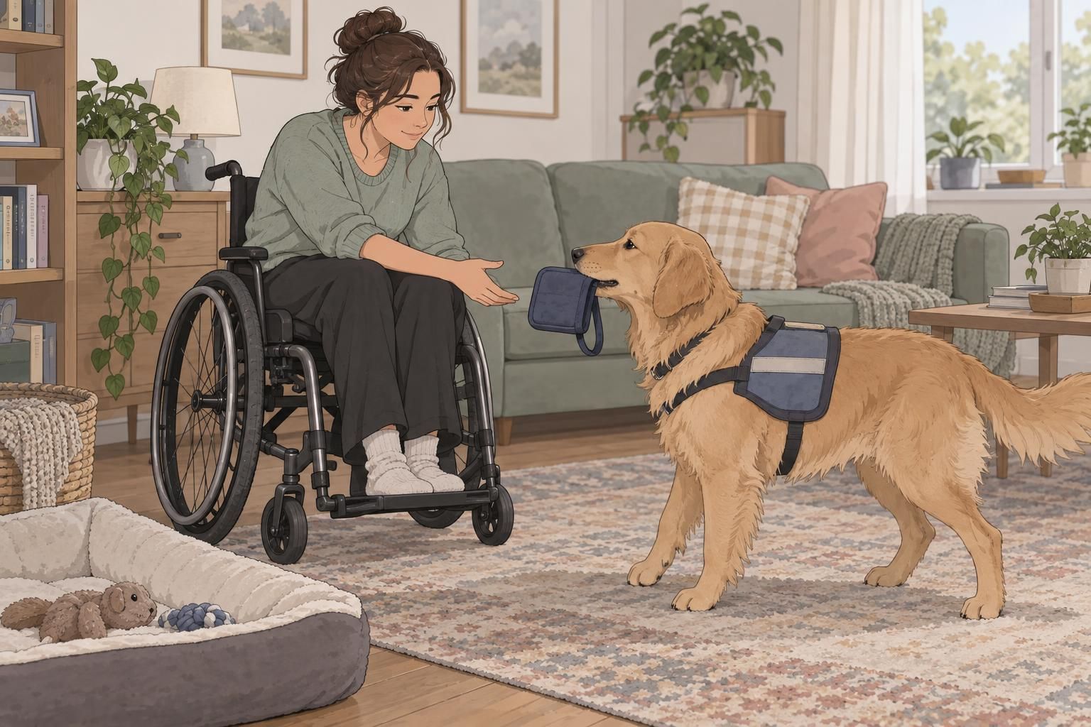 A handler practices a trained assistance task with an attentive service dog in a calm home setting.
