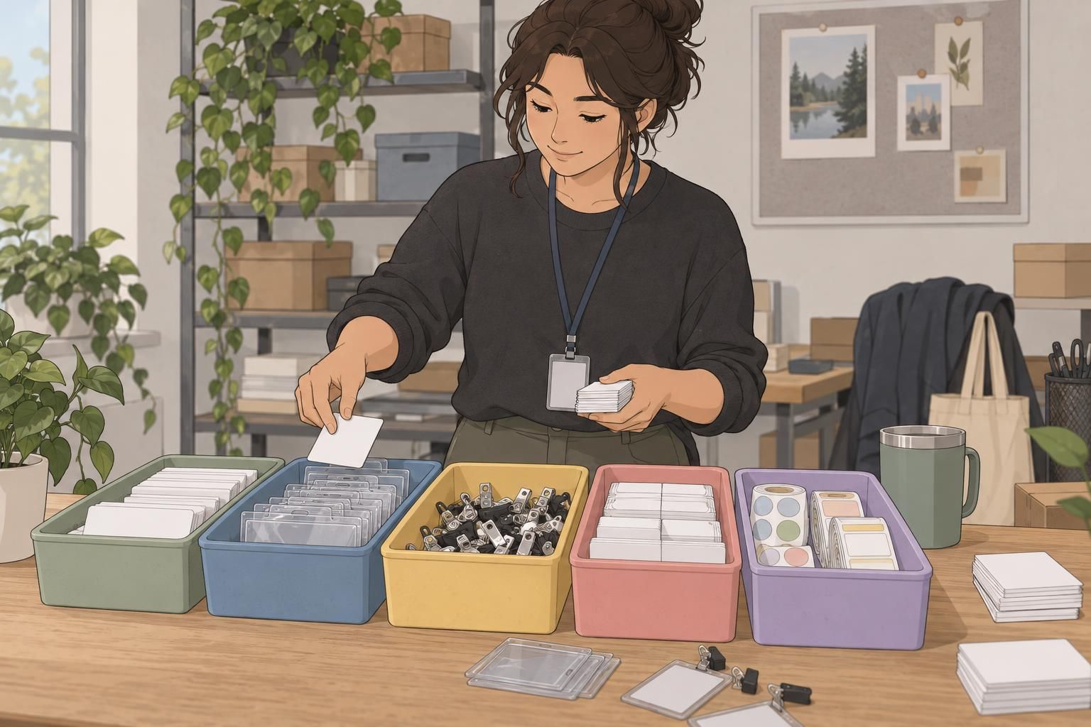 A team lead organizes spare blank badge cards, clips, and label supplies on a worktable.