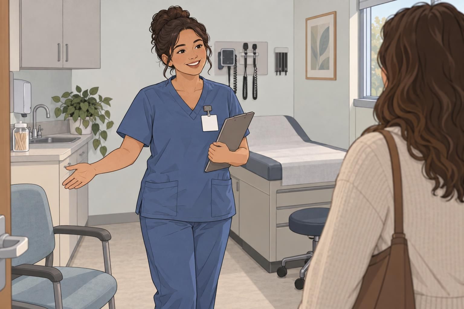 A medical assistant welcomes a patient in an exam room while wearing an ID badge attached to a scrub top.