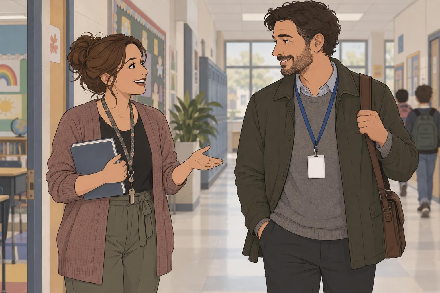 A teacher greets a visitor wearing a clearly visible temporary badge in a school corridor.