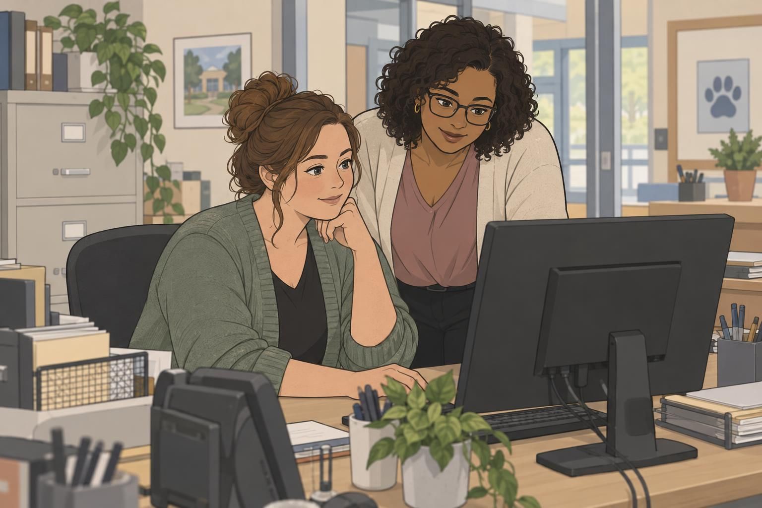 Two school office staff members review a visitor roster together at a computer.