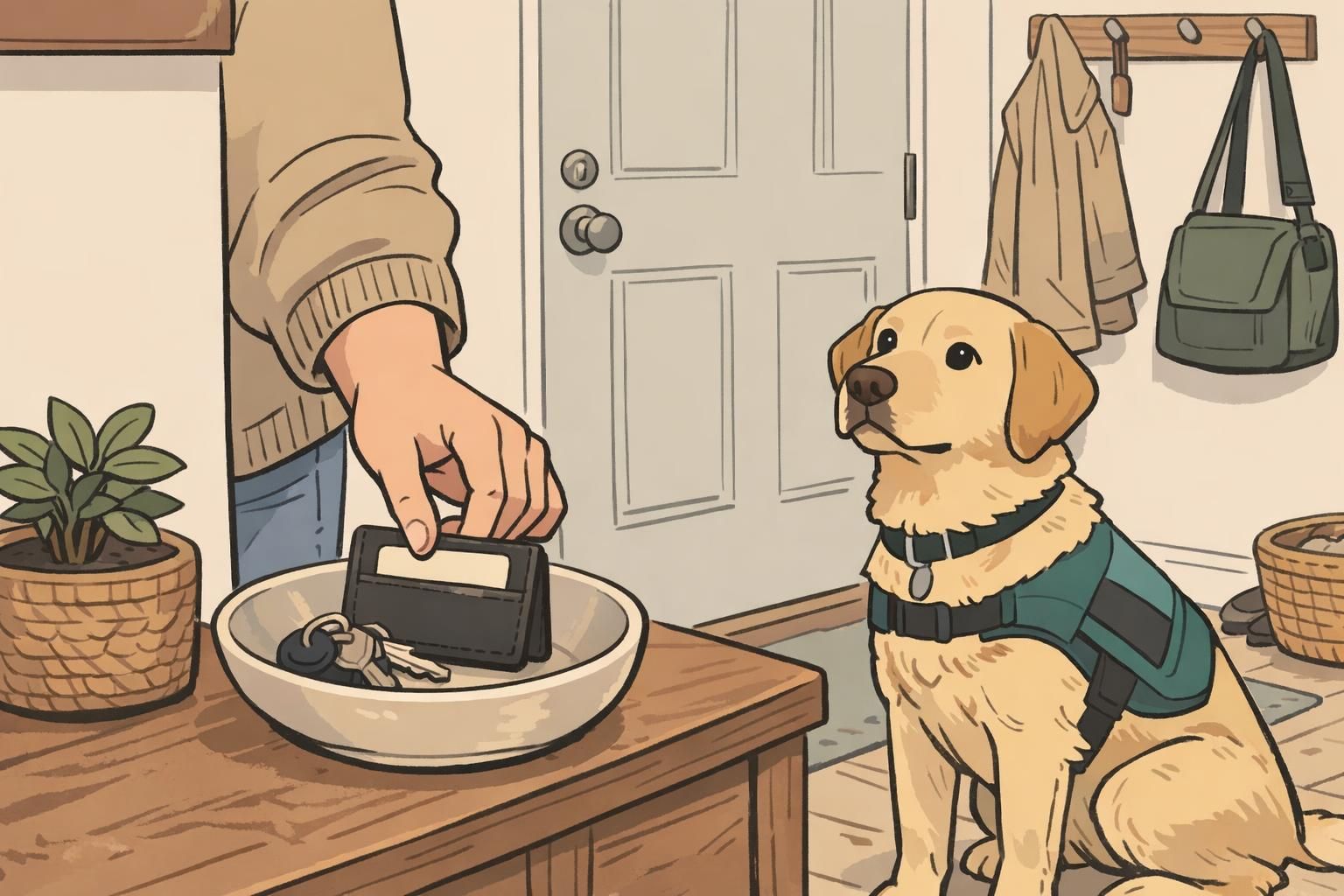 In a quiet home entryway, a service dog sits patiently while the handler places a small cardholder and keys into a bowl by the door.