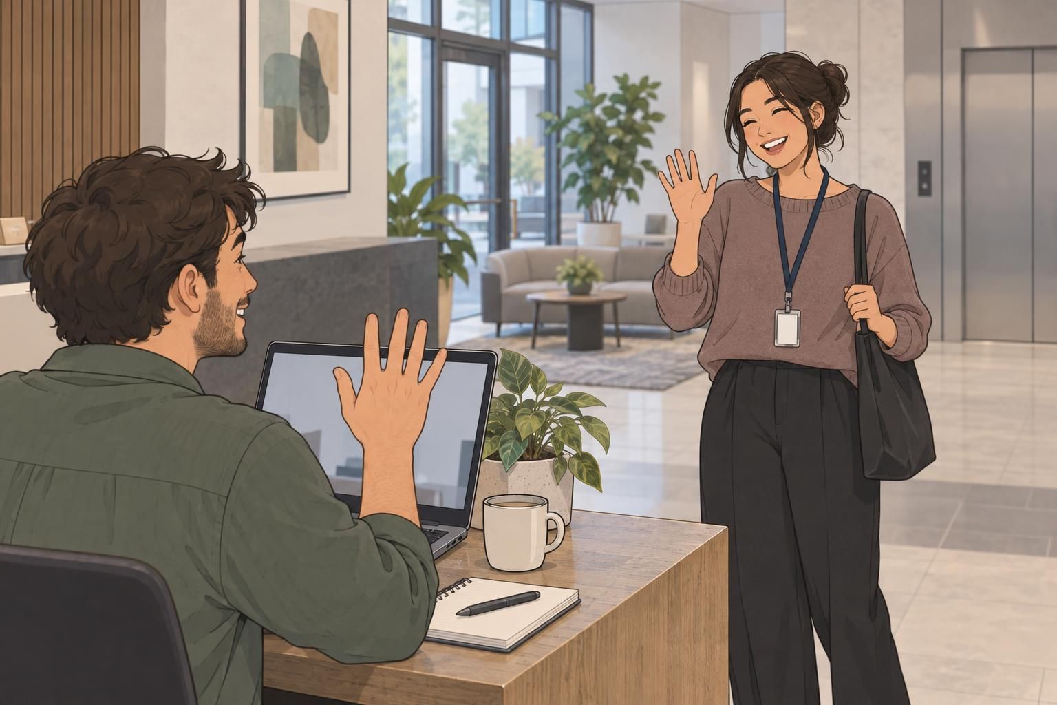 A remote employee greets an onsite colleague wearing a visible ID badge in an office lobby.