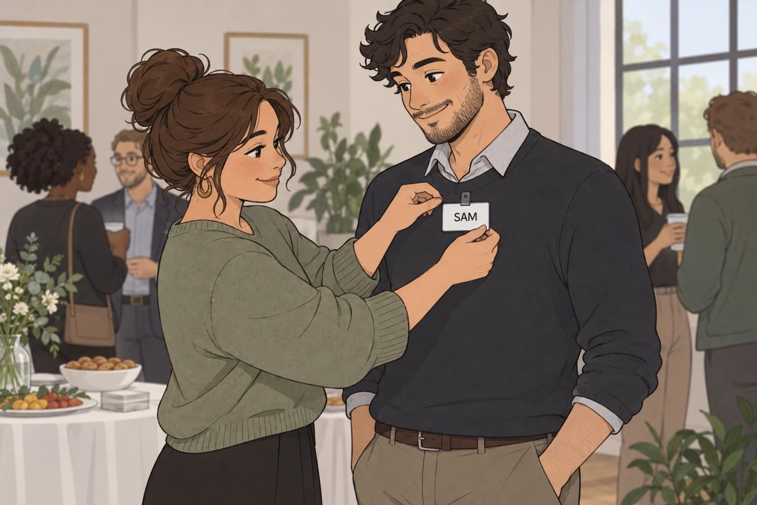 An organizer helps an attendee keep a name tag upright and visible high on the chest.