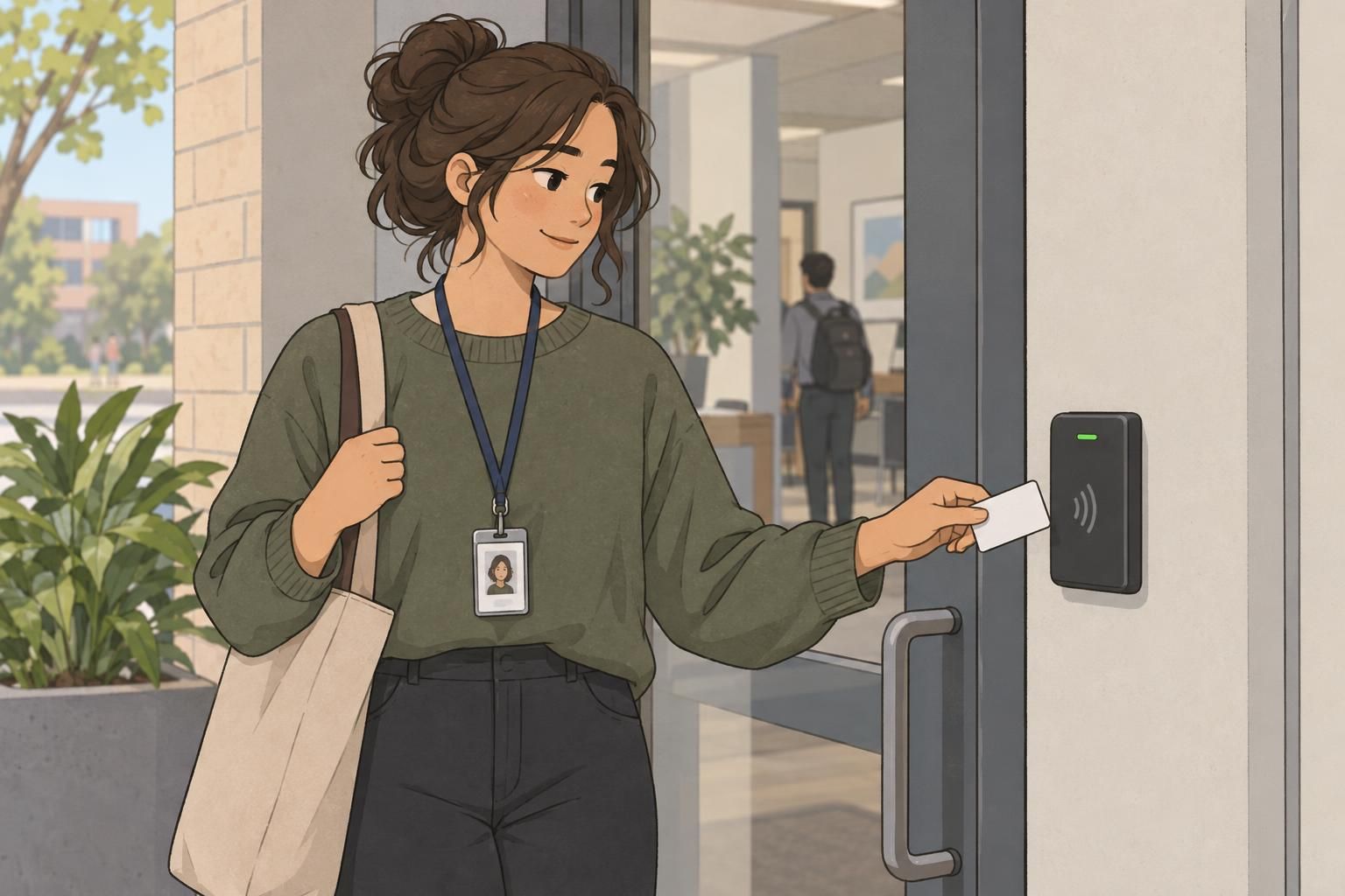 An employee holds an RFID access card near a contactless reader at a campus doorway.