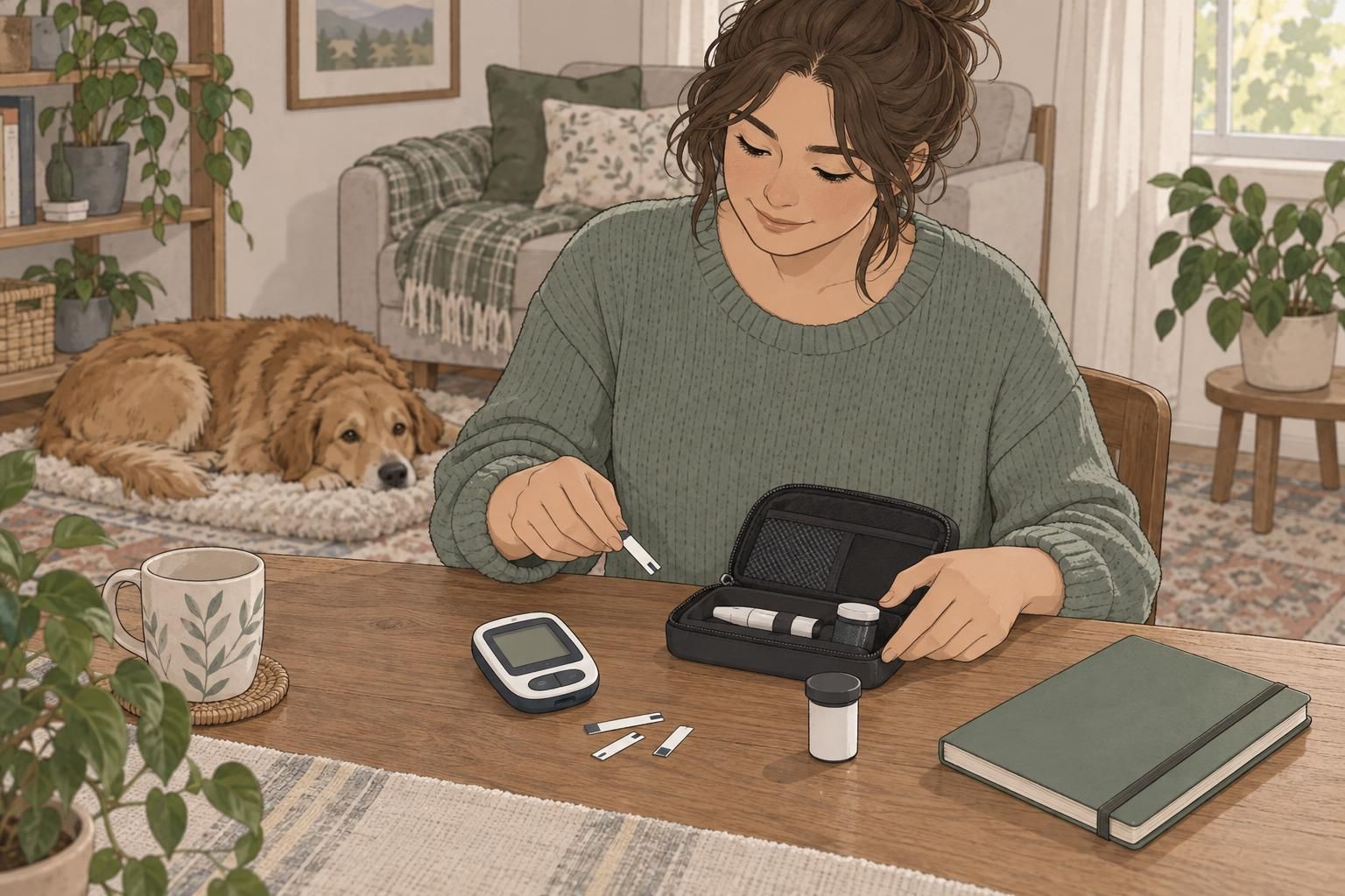 A handler organizes glucose-monitoring supplies while a calm blood sugar alert dog rests nearby.