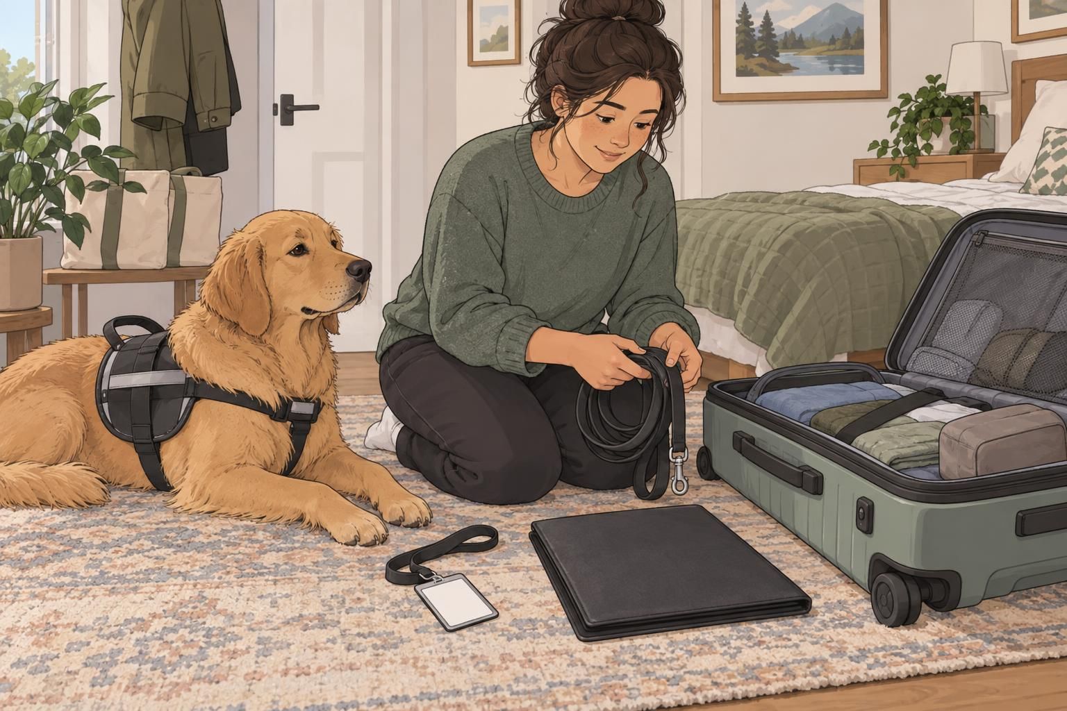 A handler organizes travel documents and a service dog ID beside a suitcase as their dog waits calmly.