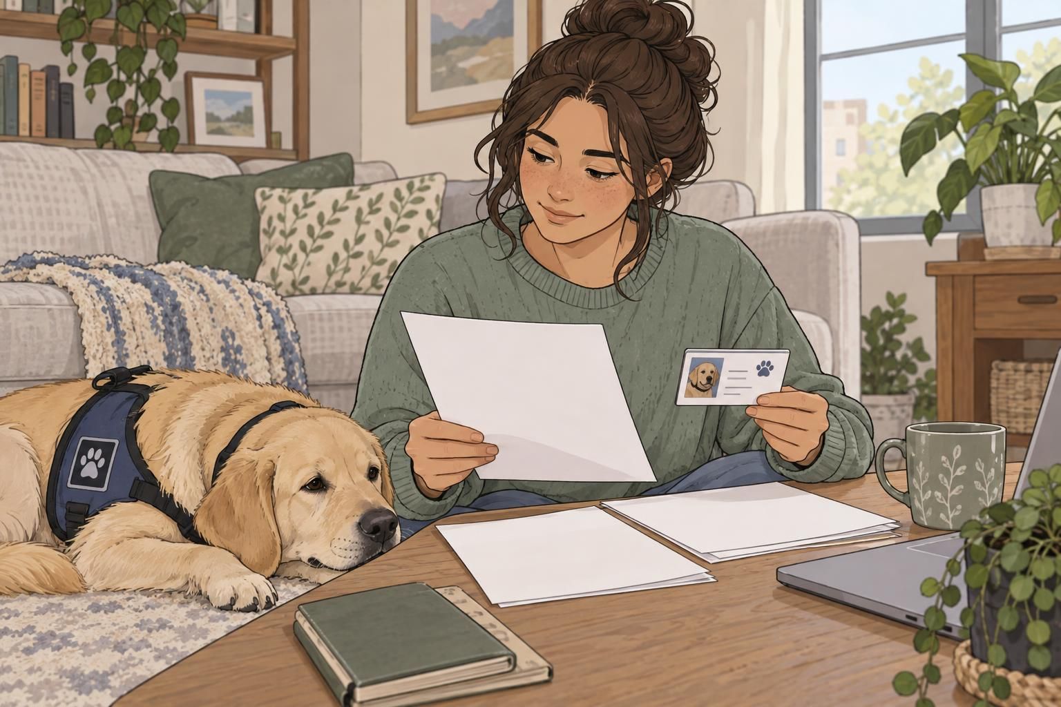A handler reviews service dog identification documents at home while their dog rests alongside them.