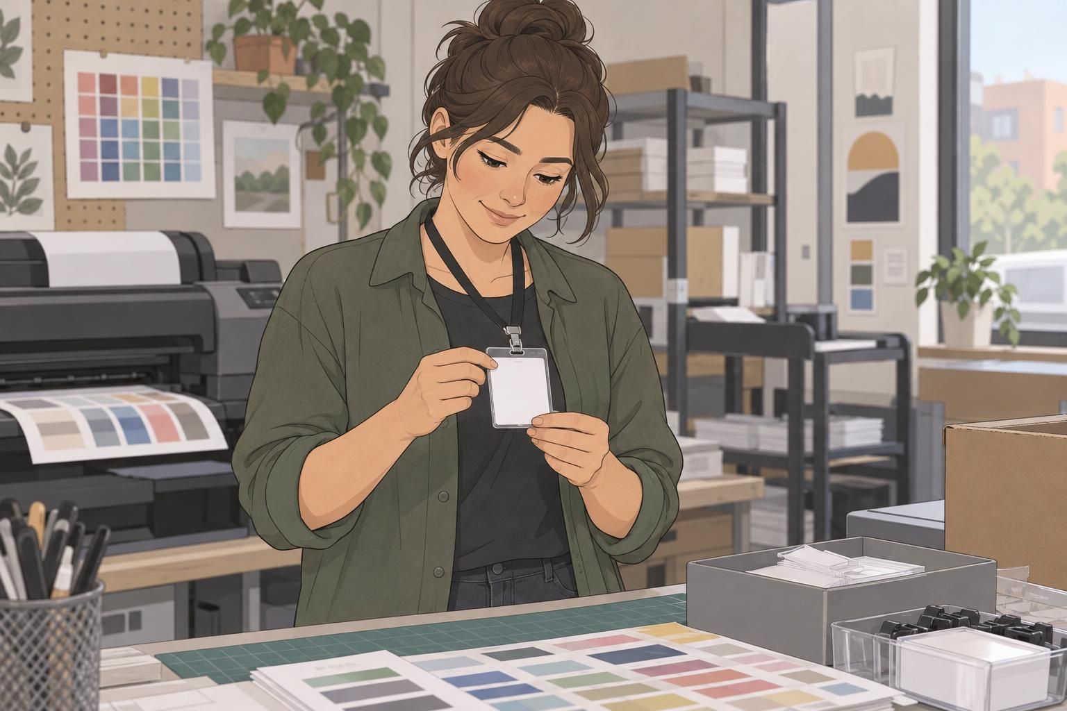 A print specialist reviews a sample plastic employee ID badge during proofing before production.