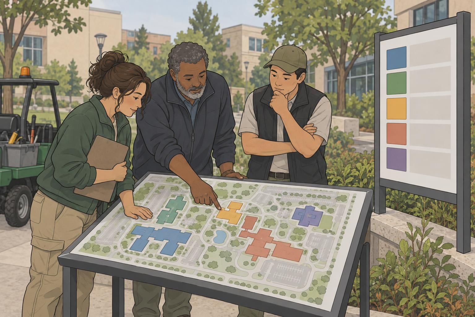 A facilities team reviews color-coded building zones beside matching blank sign panels.