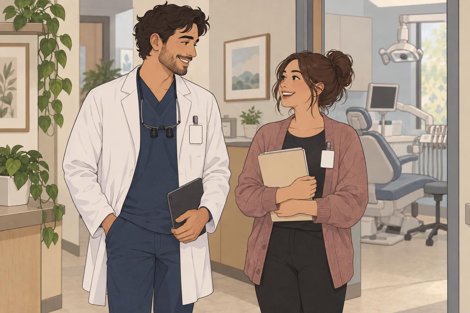 A dentist and patient coordinator greet each other while wearing staff badges clipped to their clothing.
