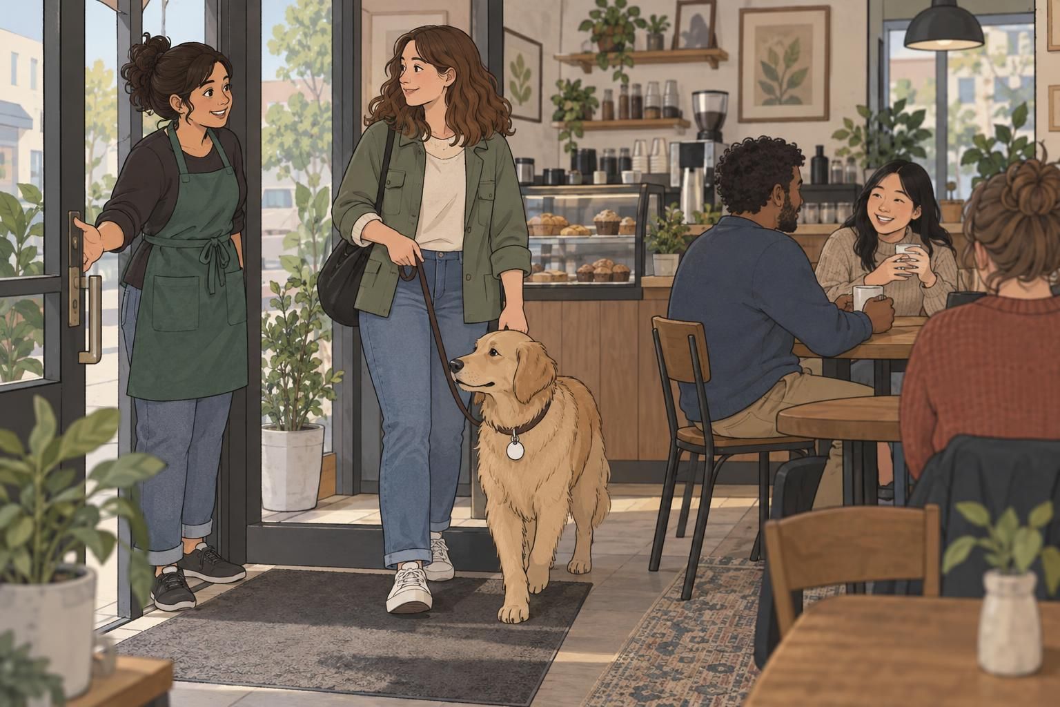 A cafe employee welcomes a handler and service dog near the entrance while patrons sit nearby.