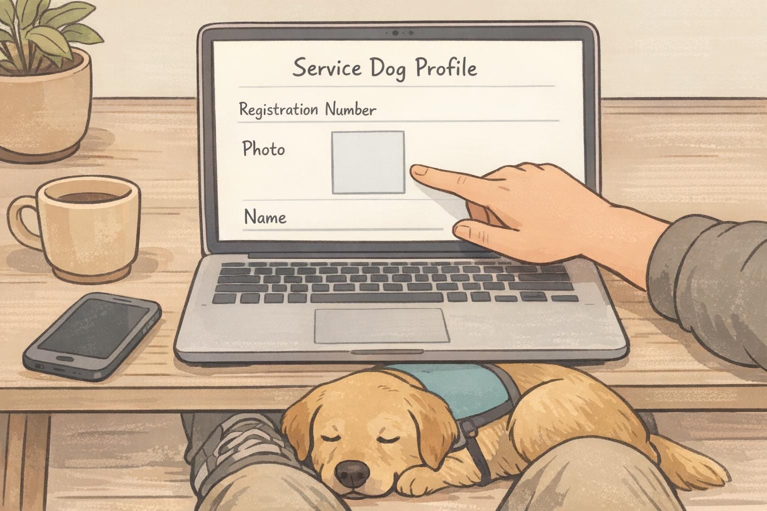 Close-up of a laptop displaying a service dog profile page with a hand pointing at the screen and a phone nearby as the service dog rests at the handler's feet.