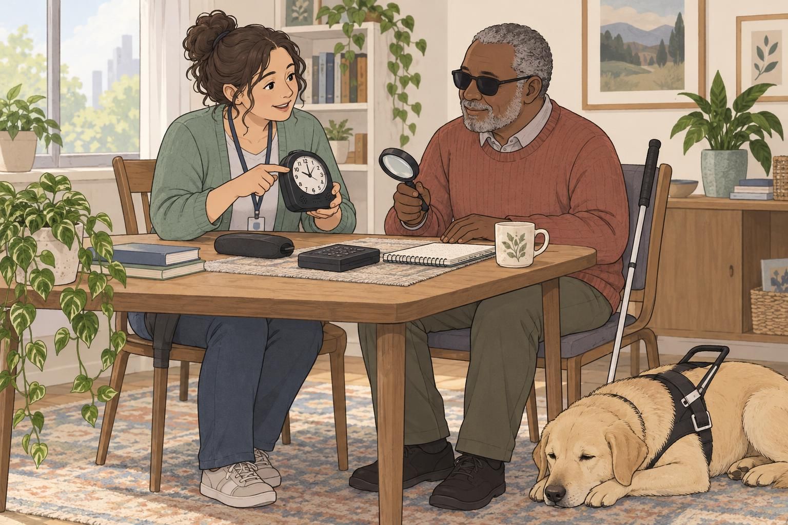 A blind adult shows an identification card to a staff member while standing with a guide dog in a public interior.