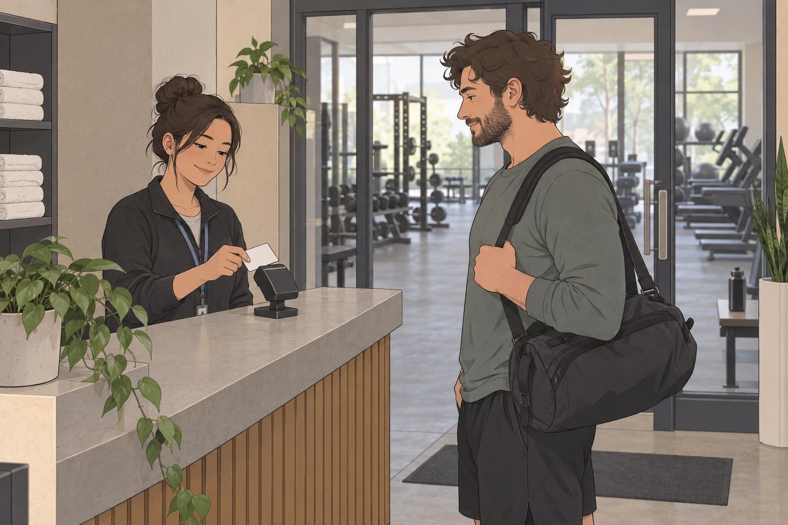 A front-desk employee verifies a visitor’s access card beside a gym entrance scanner.