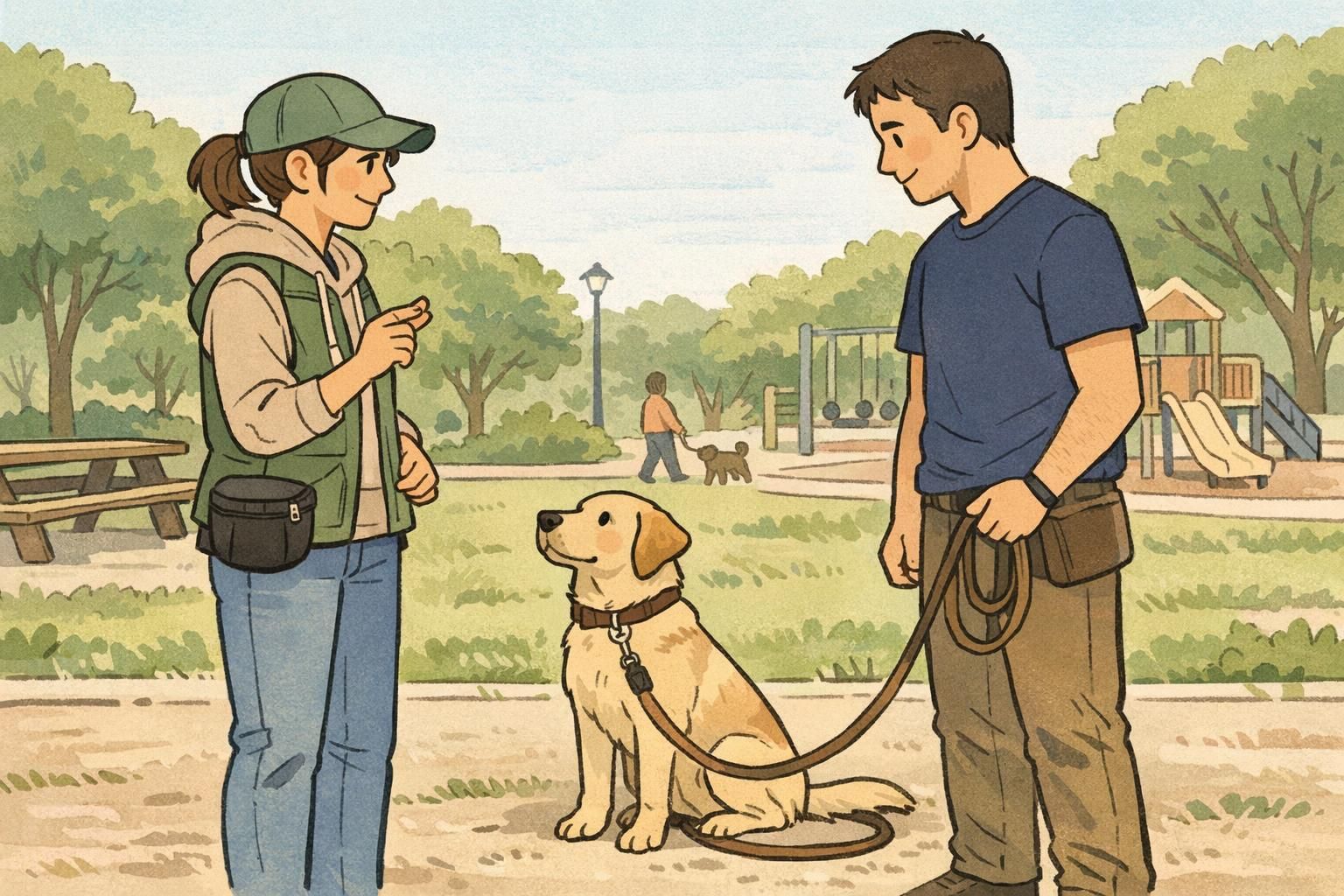 Trainer and handler practicing basic manners with a dog sitting calmly on a loose leash in a sunny community park, demonstrating foundation training skills.