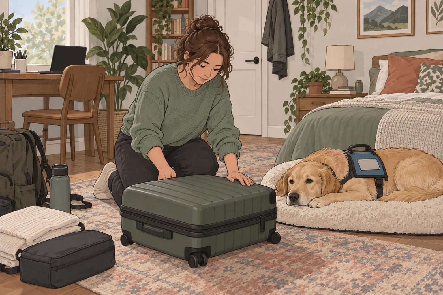 A service dog rests near a handler preparing a suitcase and travel documents at home.