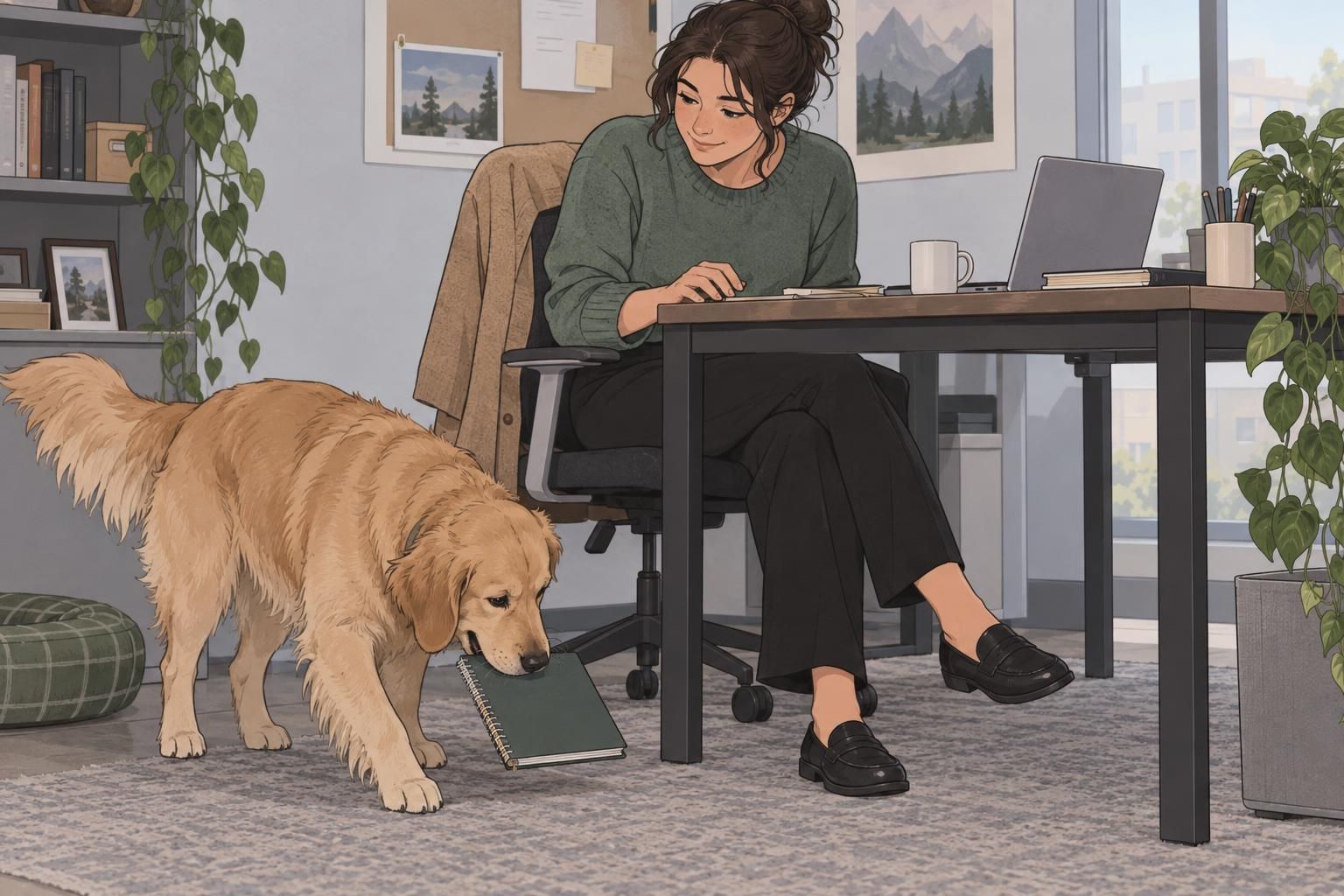 A service dog retrieves a dropped notebook for an employee beside an office desk.