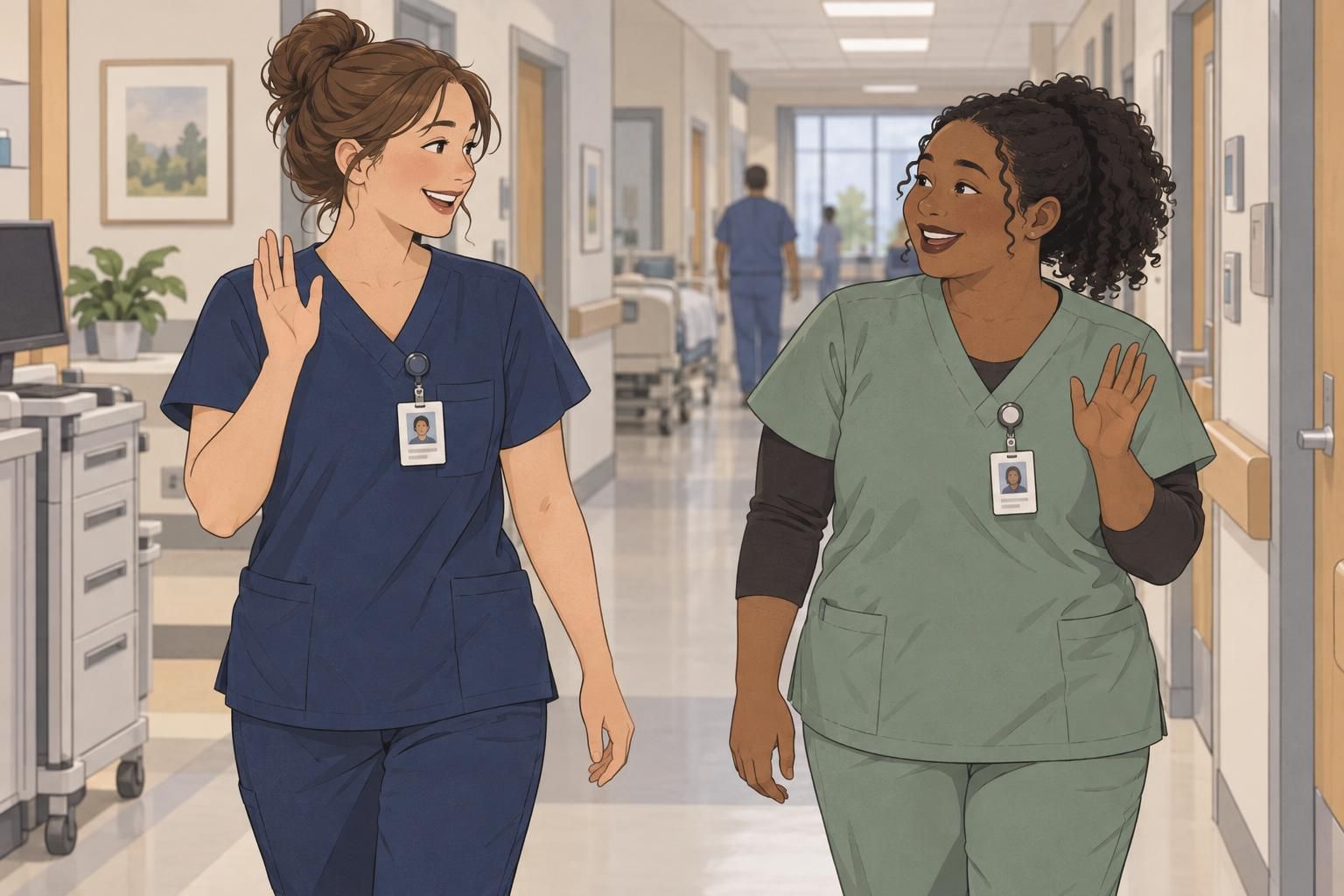 Nurse and nursing assistant greeting each other in a hospital hallway, each wearing an official photo ID.
