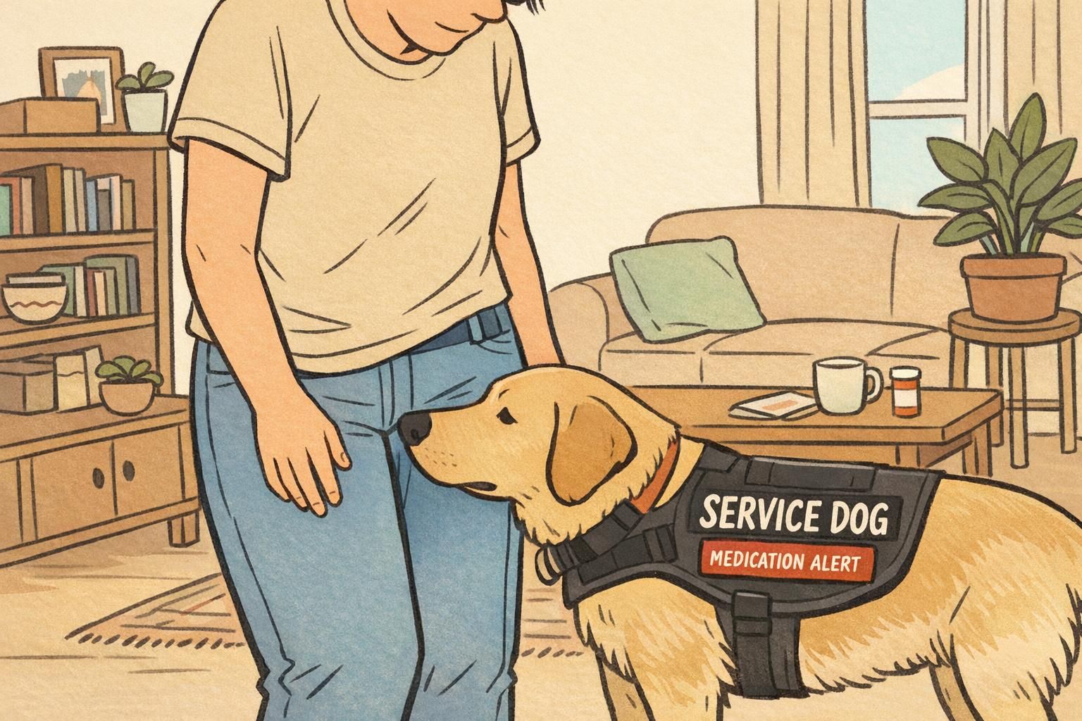 Handler practicing a gentle alert cue as a service dog nudges their leg while wearing a medication-alert patch, demonstrating in-home alert training and reinforcement.
