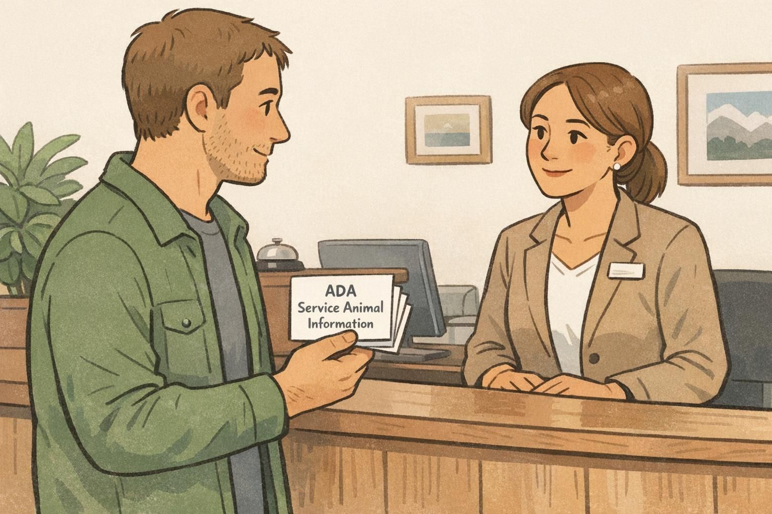 A service dog handler speaks politely with hotel front-desk staff while holding identification cards to facilitate check-in and clarify the dog's role.