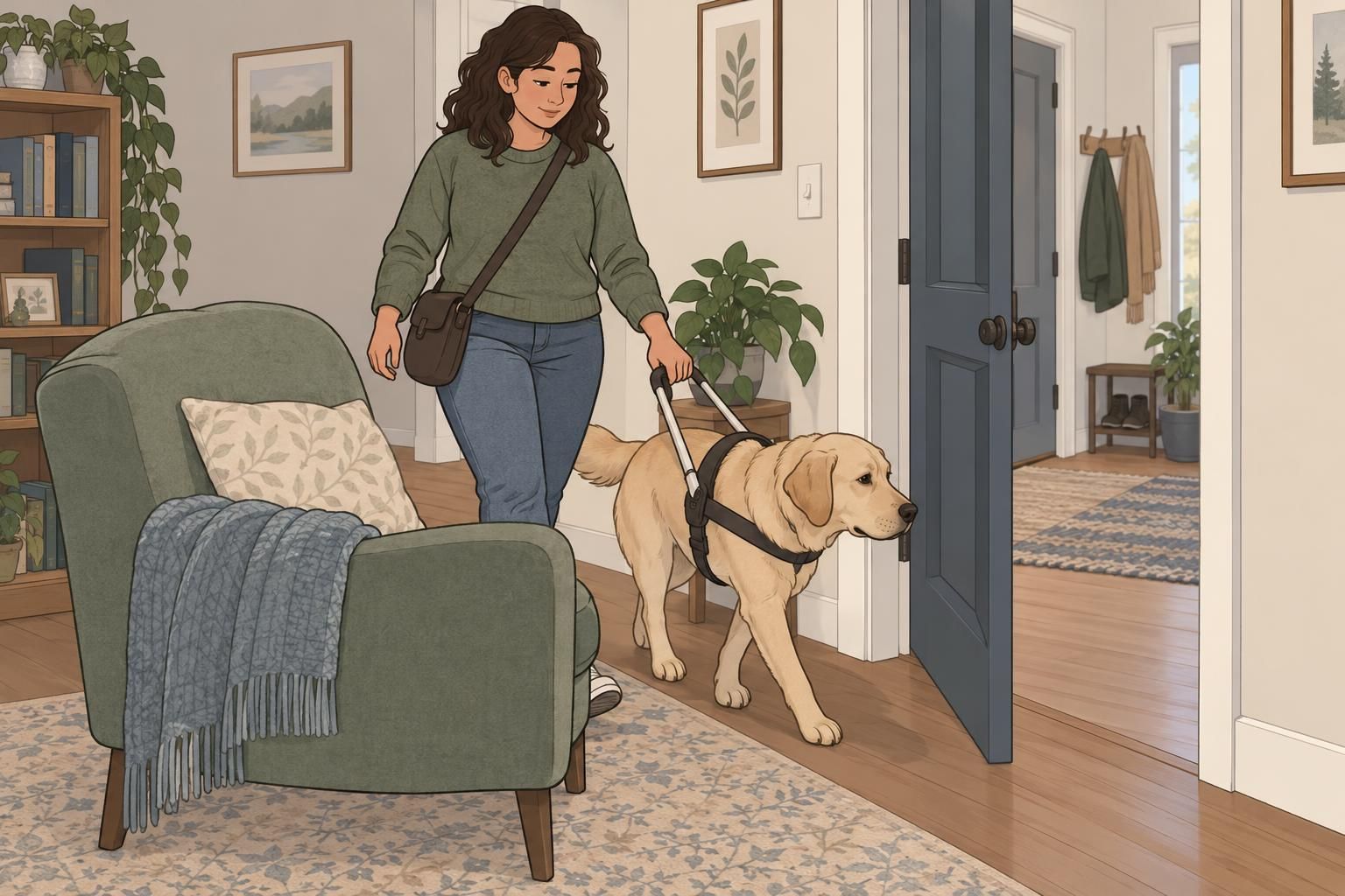 A handler guides a working dog around a chair toward an indoor doorway.