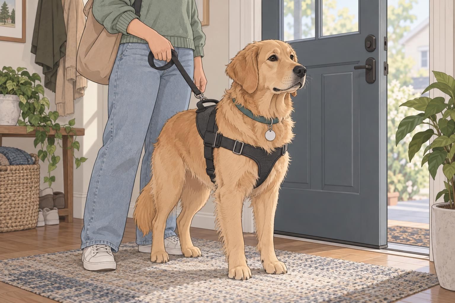 A medical alert dog wearing a lightweight harness stands beside its handler near a doorway, with a simple collar tag.